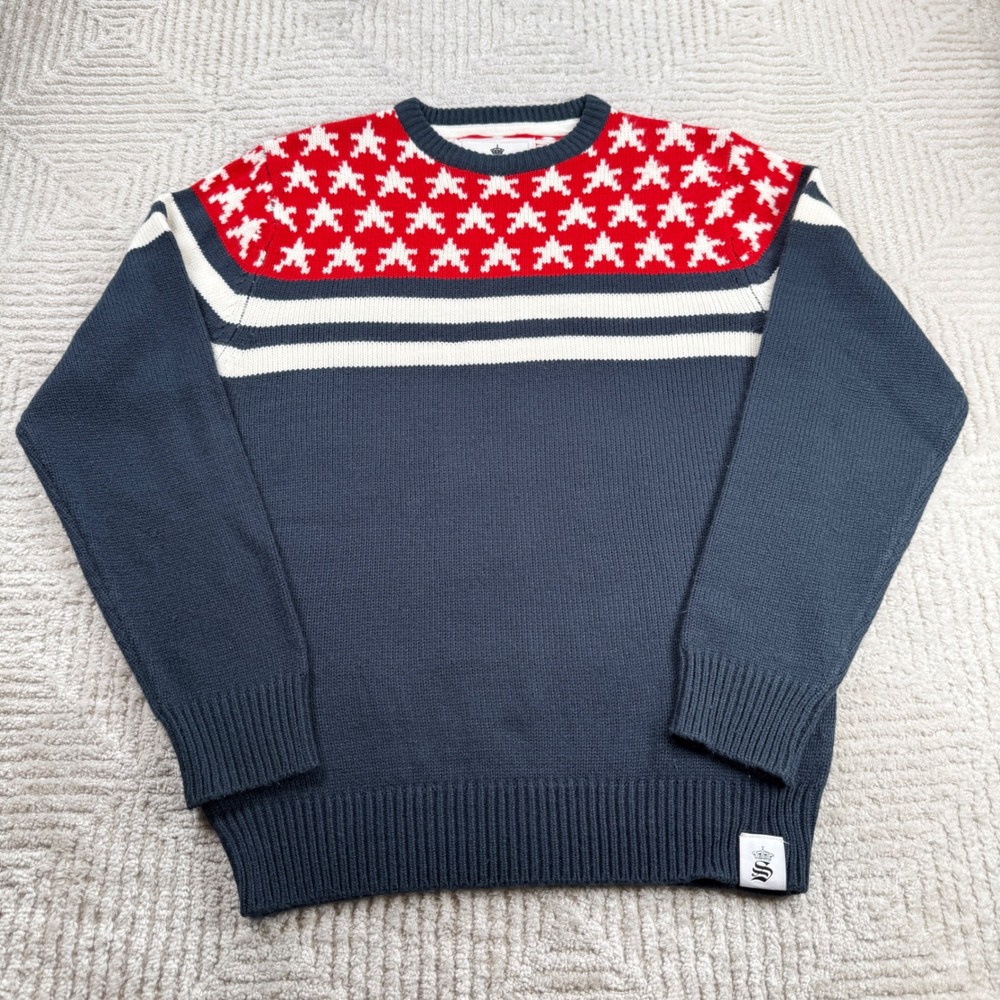 Soulstar Crewneck Sweater Mens XL Navy Patriotic Star Stripe Preppy Ski Nordic